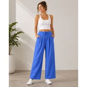 Unbranded Wide Leg Pants Women Large Blue Drawstring High Rise Pleated Summer